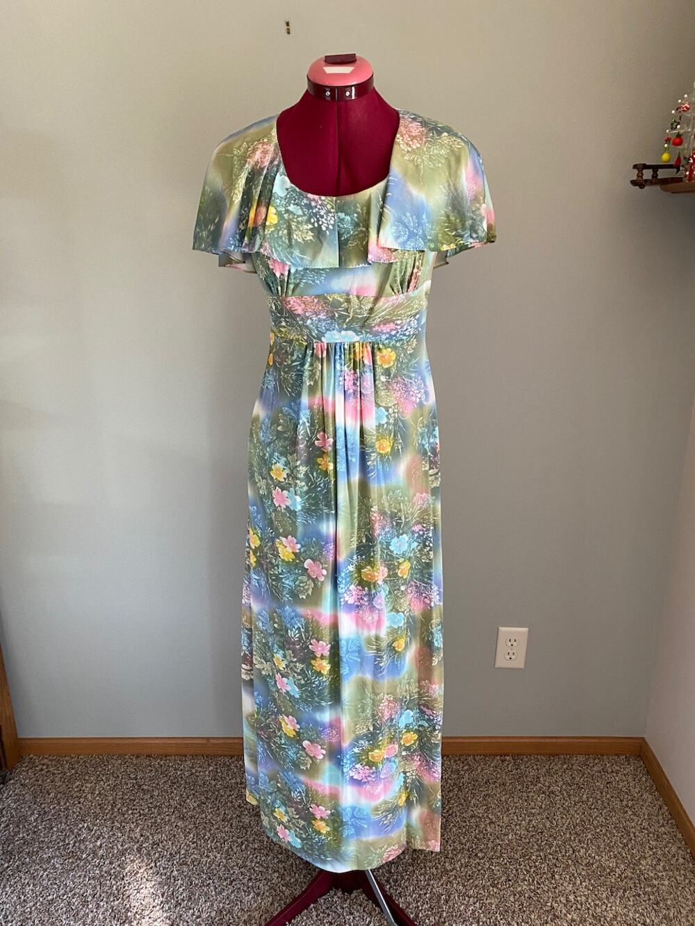 dress maxi floral flower power boho flutter sleeve green pink purple